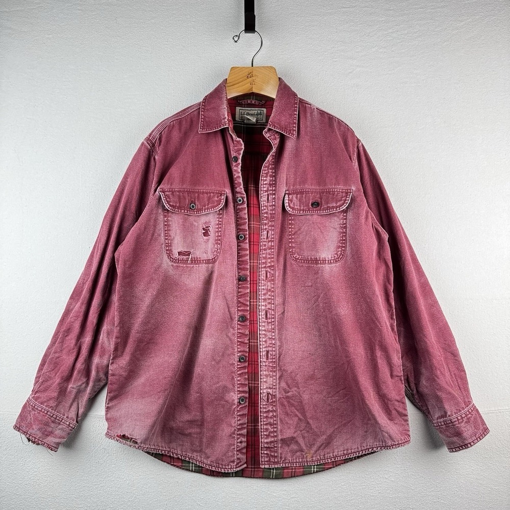 Vtg LL Bean Hurricane Shirt Mens Large Wine Red Plaid Flannel Lined Distressed
